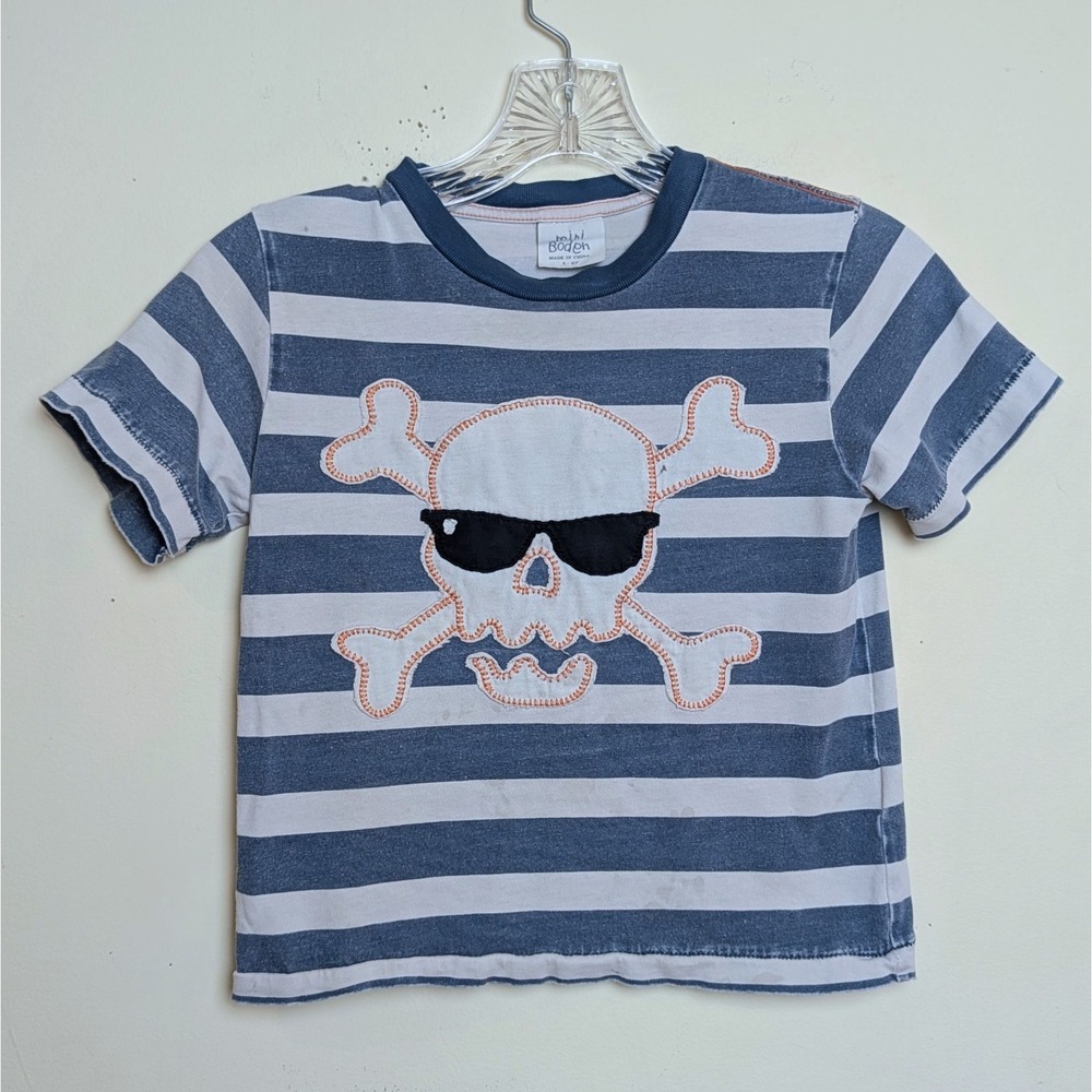 Mini Boden Skull Crossbones Striped Pirate Shirt Boys 5-6Y - FLAWS